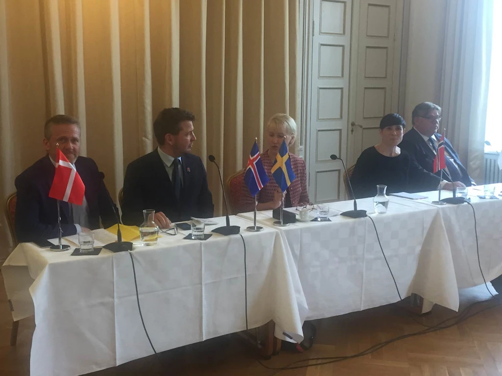 Utanríkisráðherrarnir á fundinum í dag. Frá vinstri: Anders Samuelsen, utanríkisráðherra Danmerkur, Guðlaugur Þór Þórðarson, Margot Wallström, Ine Marie Eriksen Søreide, utanríkisráðherra Noregs og Timo Soini, utanríkisráðherra Finnlands. 