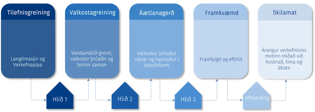 Tilefnisgreining, valkostagreining, áætlanagerð, framkvæmd, skilamat.